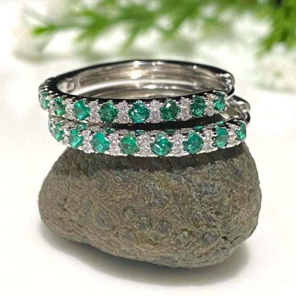 .925 Vintage Sterling Silver Emerald And White Topaz Hoop Earrings